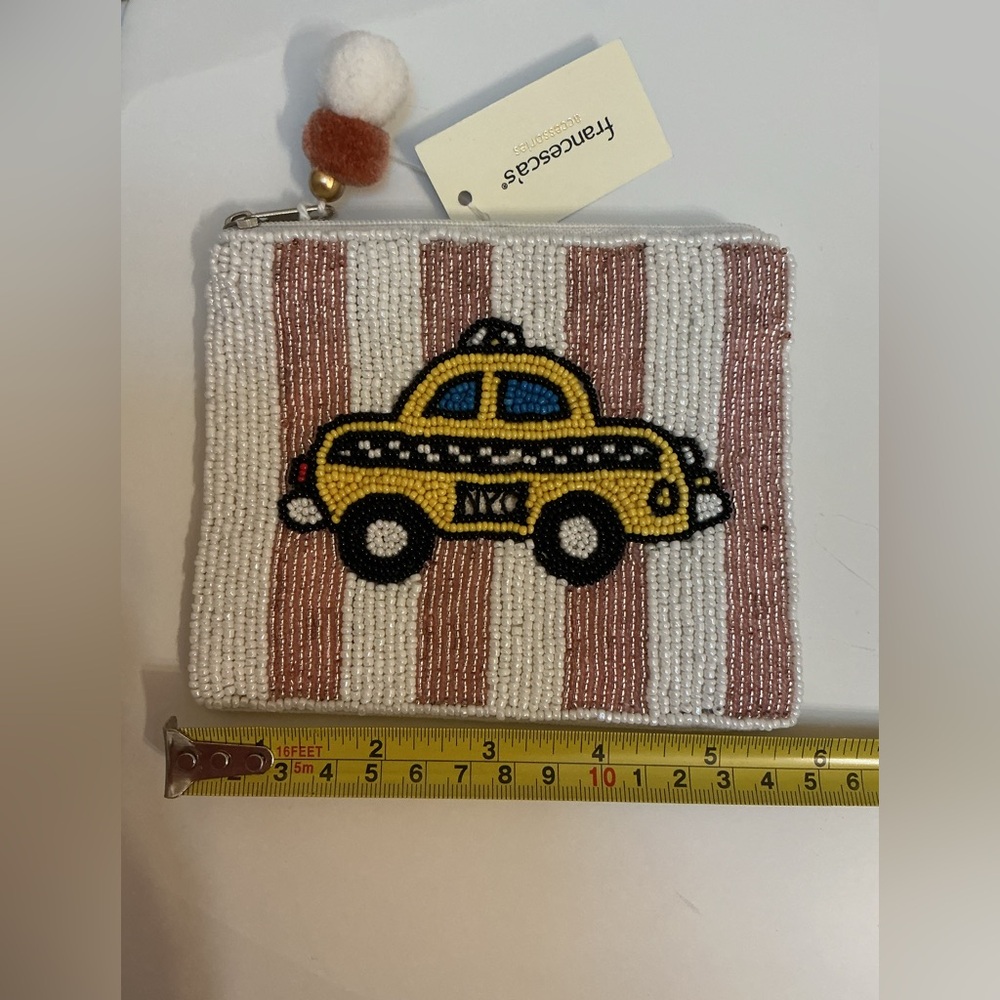 Francesca’s Beaded Yellow Taxi Coin Purse - Pink & White Stripes - Picture 3 of 4